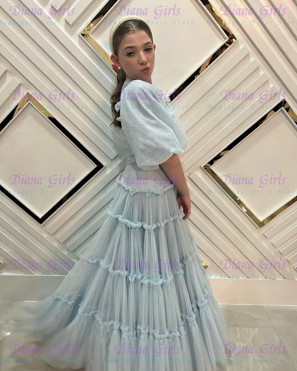 Toddler Girl Tulle Party Dress - Elegant Quality Light Blue Flower Girl