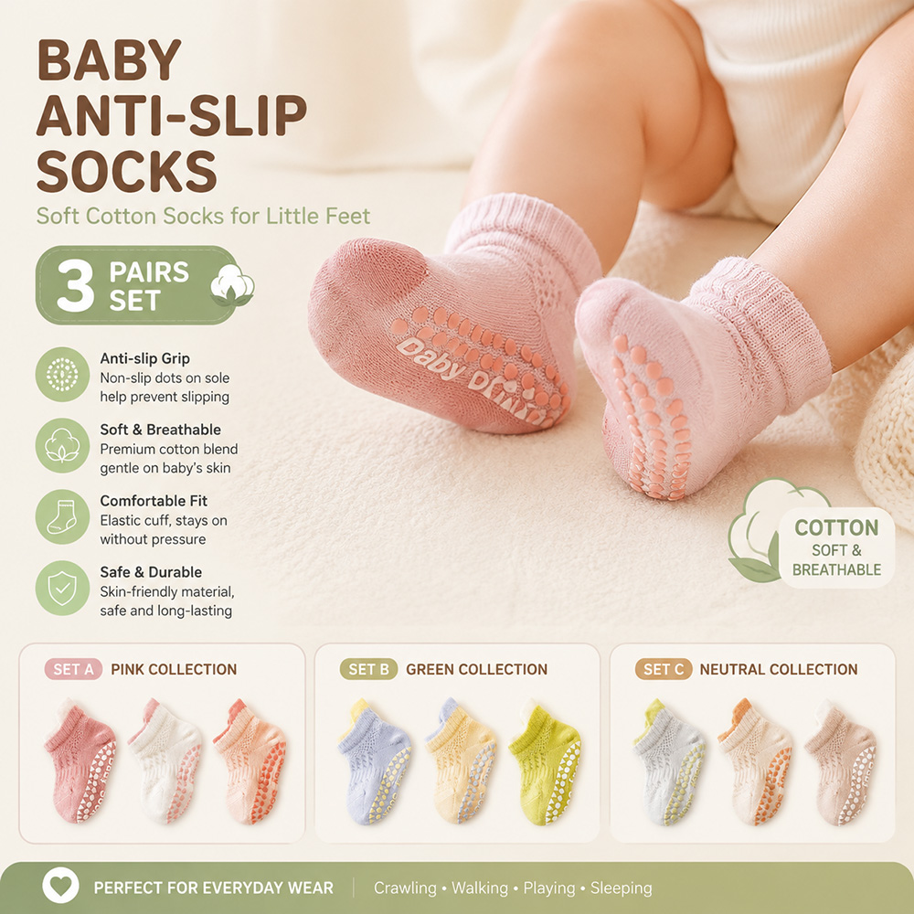Unisex Baby Socks Non Slip - Baby Anti Slip Socks 3 Pairs